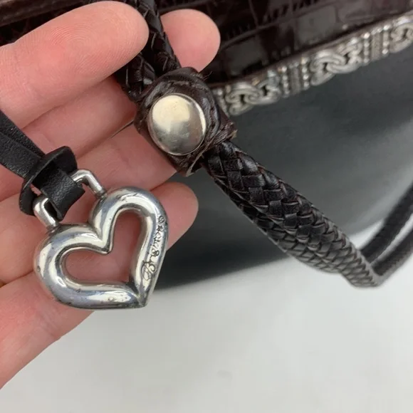Vintage Brighton Leather braided Double strap shoulder bag black Brown Silver - Picture 12 of 17